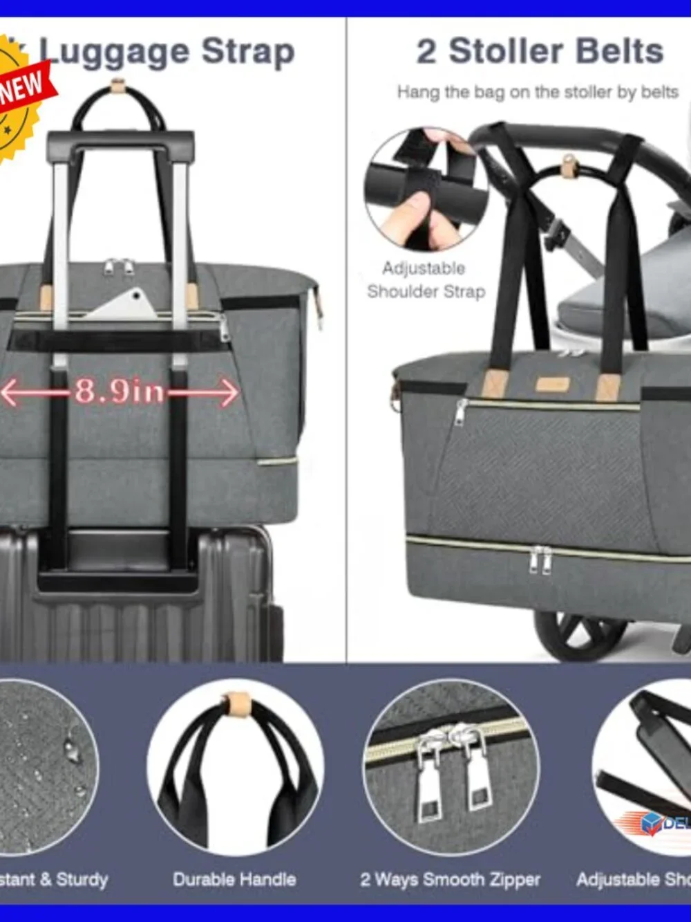 Large Nylon Diaper Bag Tote with Changing Pad, Insulated Pockets, Stroller